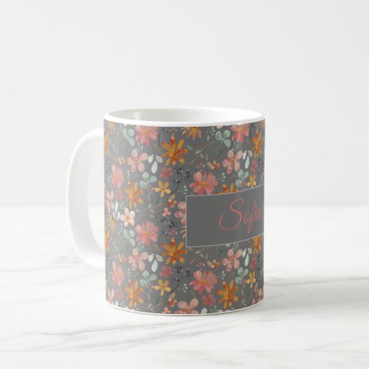 Boho rustikal-orange Blume Aquarellmuster grau Kaffeetasse (Vorderseite Links)