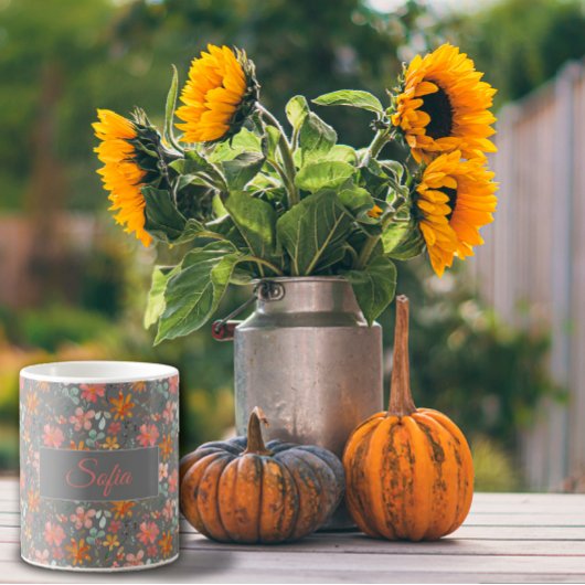 Boho rustikal-orange Blume Aquarellmuster grau Kaffeetasse