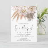 Boho Rustikal Pampas Schrift QR 3 Foto Hochzeit Einladung (Stehend Vorderseite)