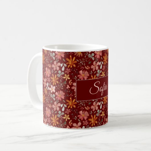 Boho rustikale Blume Aquarellmuster dunkelrot Kaffeetasse (Vorderseite Links)