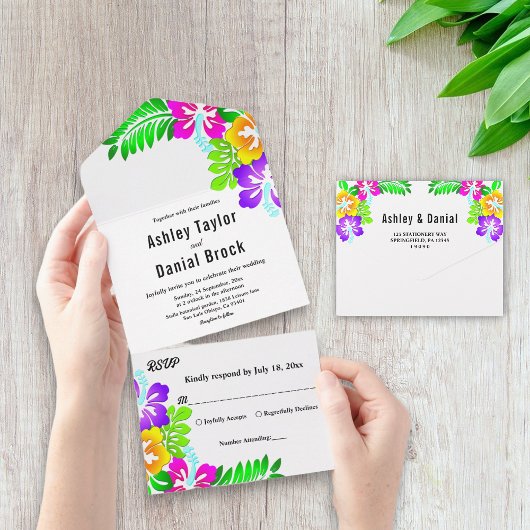 Boho Rustikale farbenfrohe Rose Sommerblumenhochze All In One Einladung