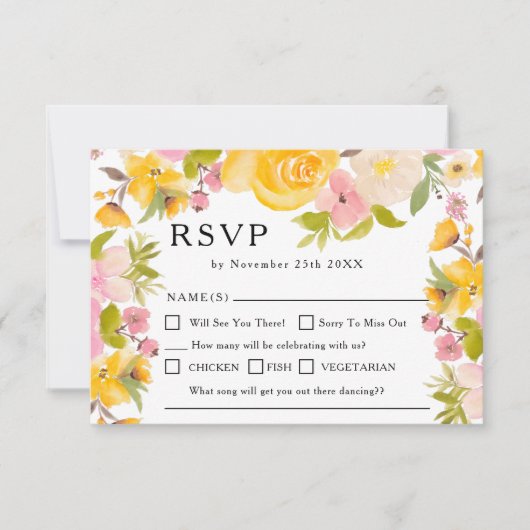 Boho rustikale, gelbe Blume chic Wedding RSVP (Vorderseite)