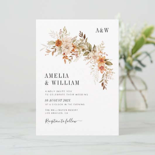 Boho rustikale Herbstflora Hochzeit Einladung (Stehend Vorderseite)