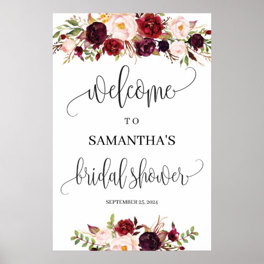 Boho-rustikale Marsala-Blumen-Braut-Party-Willkomm Poster (Vorne)