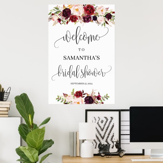 Boho rustikale Marsala Blumen Brautparty Empfang Poster (Heimbüro)