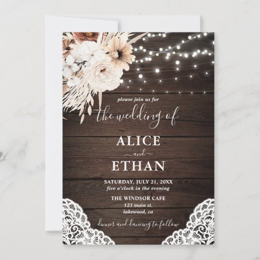 Boho Rustikale neutrale Blume Pampa Grass Hochzeit Einladung (Vorderseite)