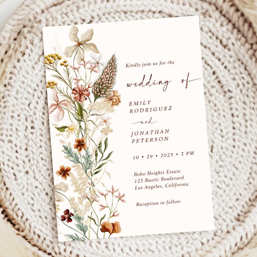 Boho Rustikale neutrale Blumenhochzeit Einladung