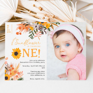 Boho rustikale Orangenblumen Foto 1. Geburtstag Einladung