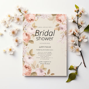 Boho-rustikale rosa Korallen-Elfenbein-Blumen-Brau Einladung