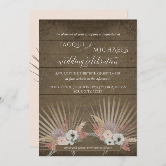 BOHO Rustikales Holz Pampas Gras Tropische Palme B Einladung (Vorne/Hinten)