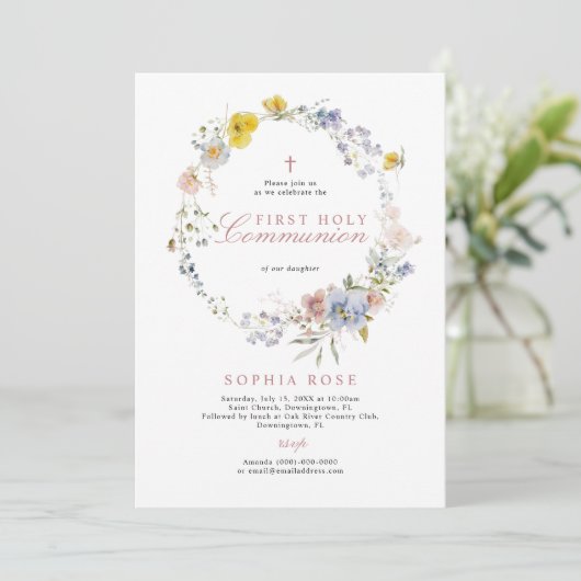 Boho Rustische Wildblumen Erste Heilige Kommune Einladung (Stehend Vorderseite)