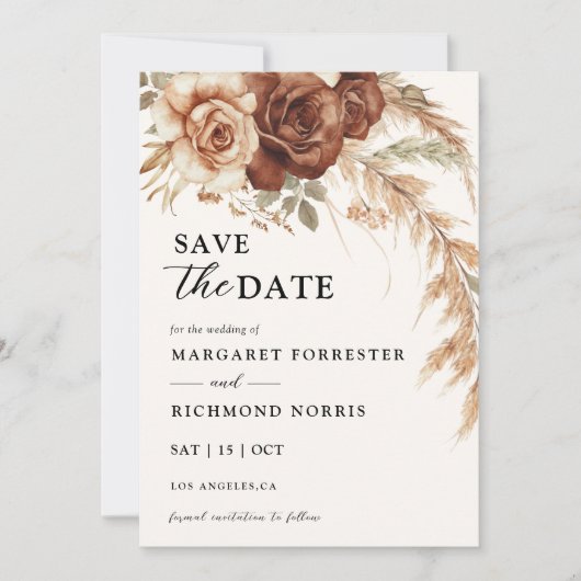 Boho Rusty Terracotta Rustikale Flora Save the Dat Einladung (Vorderseite)