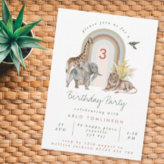 Boho Safari Animals & Rainbow Arch Geburtstagspart Einladung