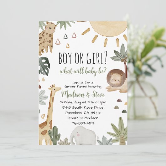 Boho Safari Gender Reveal Party Einladung (Stehend Vorderseite)