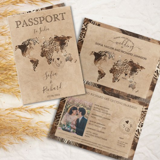 Boho Safari Leopard Wedding Passport World Map Einladung