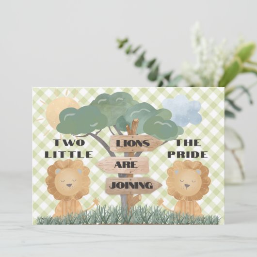 Boho Safari Twin Baby Lion Cubs Babydusche Einladung (Stehend Vorderseite)