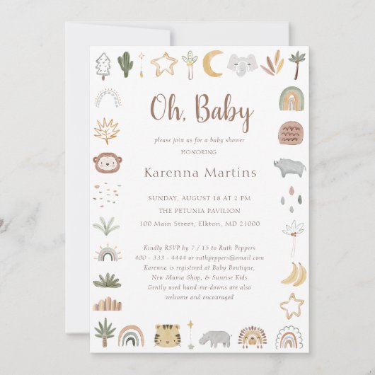 Boho Safari Watercolor Oh Babydusche Einladung (Vorderseite)