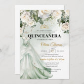 Boho Sage Dress & White Roses Grüne und Gold Einladung (Vorne/Hinten)
