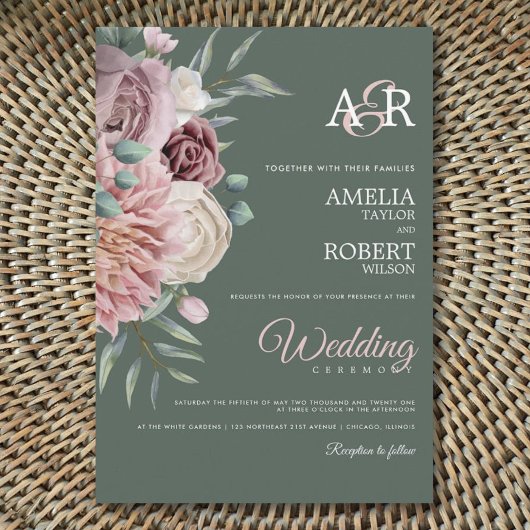 Boho Sage Dusty Rose Hochzeit Wasserfarben Einladung