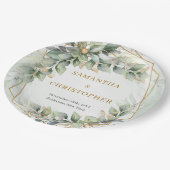Boho sage eucalyptus verlasst Glitzer Hochzeit Pappteller (Schrägansicht)