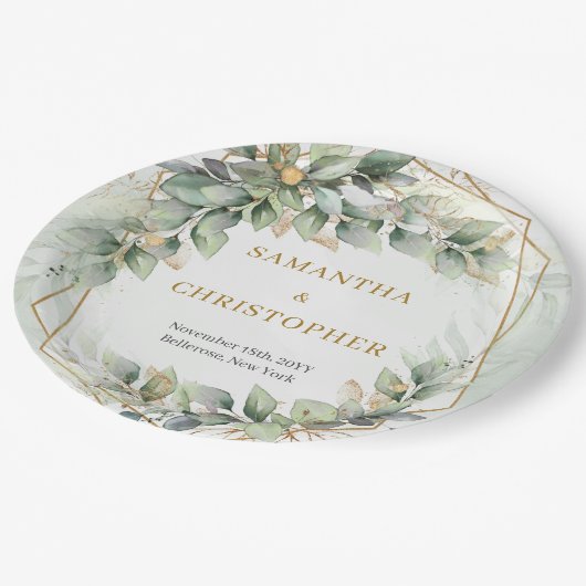 Boho sage eucalyptus verlasst Glitzer Hochzeit Pappteller (Schrägansicht)