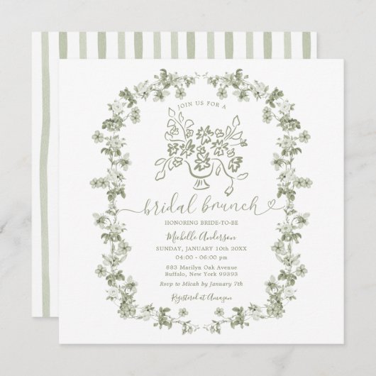 Boho Sage Floral Stripes Bow Bridal Brunch Einladung (Vorne/Hinten)