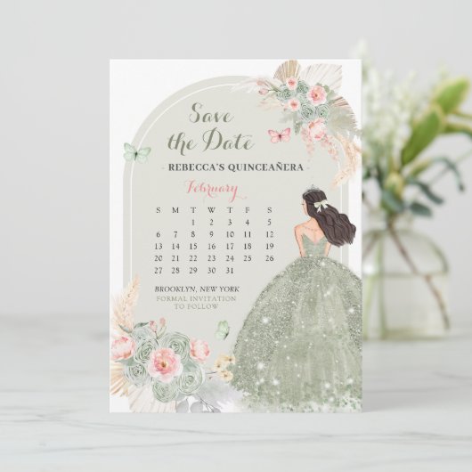 Boho Sage Green 15 Años Save the Date Kalender Einladung (Stehend Vorderseite)