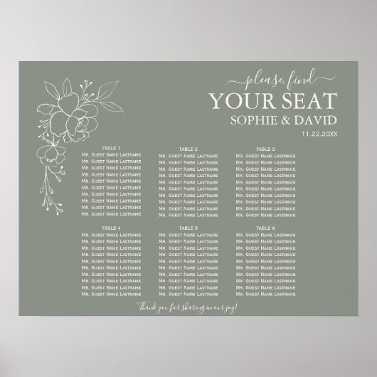 Boho Sage Green 6 Table Wedding Chart Poster (Vorne)