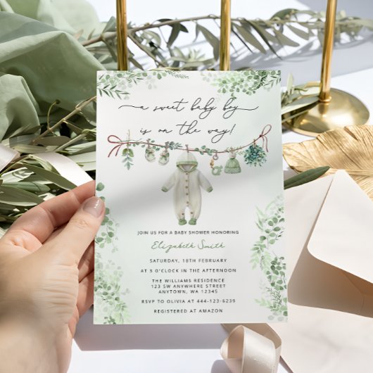 Boho Sage Green Baby Boy Kleidung Babydusche Einladung