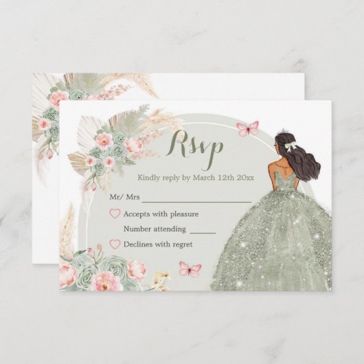 Boho Sage Green Blush Pink Quinceañera RSVP Karte (Vorne/Hinten)