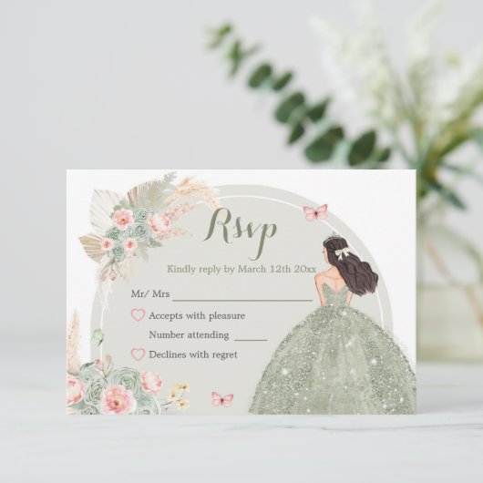 Boho Sage Green Blush Pink Quinceañera RSVP Karte (Stehend Vorderseite)