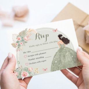 Boho Sage Green Blush Pink Quinceañera RSVP Karte