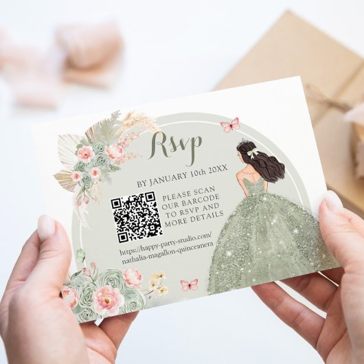 Boho Sage Green Blush Pink Royal Quinceañera QR RSVP Karte