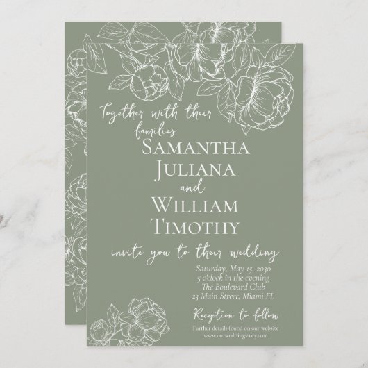 Boho Sage Green Botanical Floral Moderne Hochzeit Einladung (Vorne/Hinten)