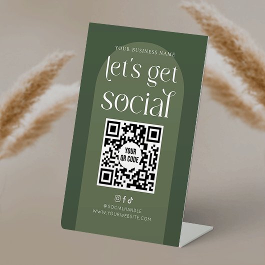 Boho Sage Green Business Social Media QR-Code Sockelschild