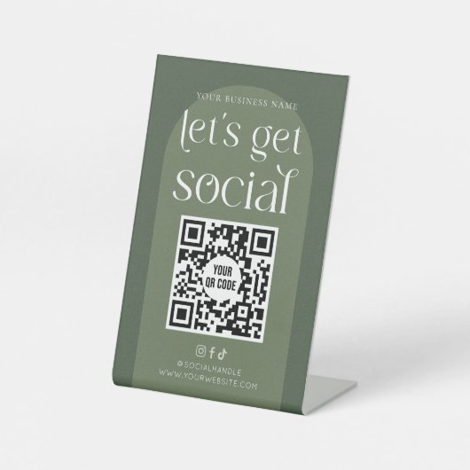 Boho Sage Green Business Social Media QR-Code Sockelschild (Vorderseite)