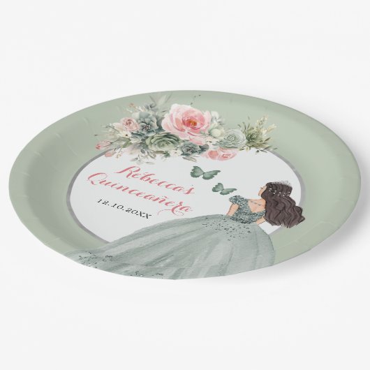 Boho Sage Green Dress Prinzessin Girl Sweet 16 Año Pappteller (Schrägansicht)