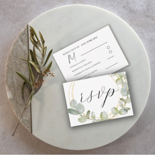 Boho Sage Green Eucalyptus & Gold Wedding RSVP Karte