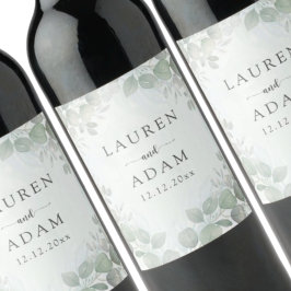 Boho Sage Green Eucalyptus Monogram Wedding Weinetikett