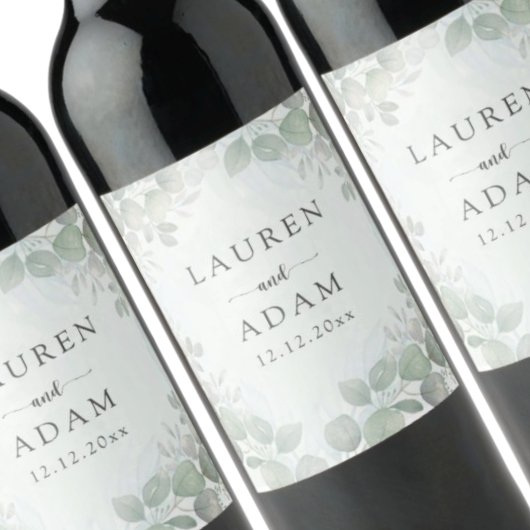 Boho Sage Green Eucalyptus Monogram Wedding Weinetikett