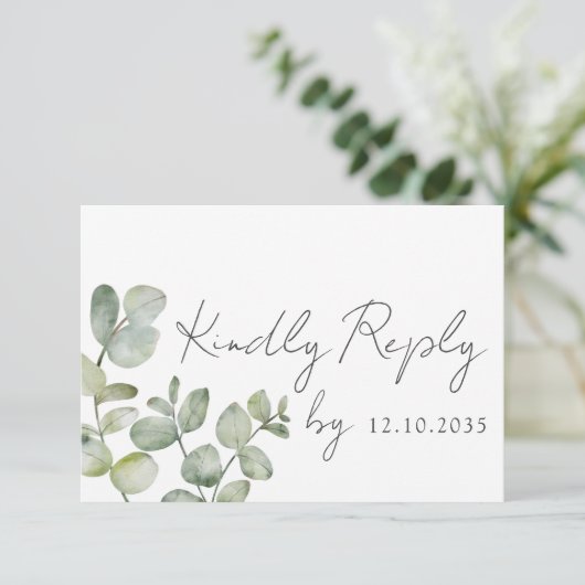 Boho Sage Green Eucalyptus Wedding RSVP (Stehend Vorderseite)