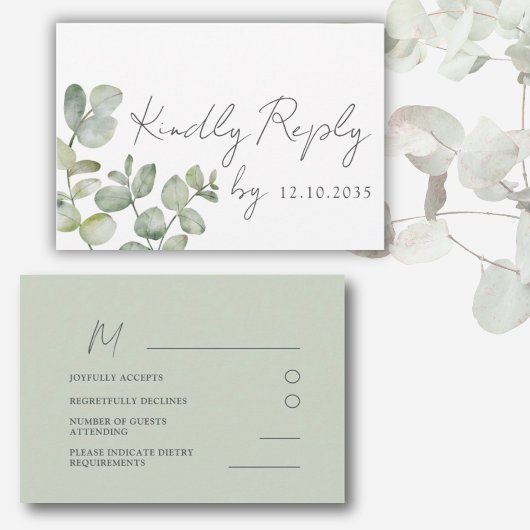 Boho Sage Green Eucalyptus Wedding RSVP Karte