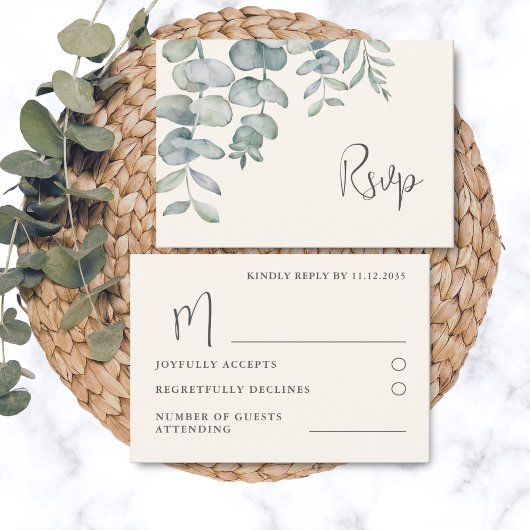 Boho Sage Green Eucalyptus Wedding RSVP Karte