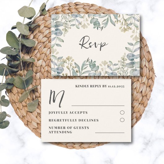 Boho Sage Green Eucalyptus Wedding RSVP Karte