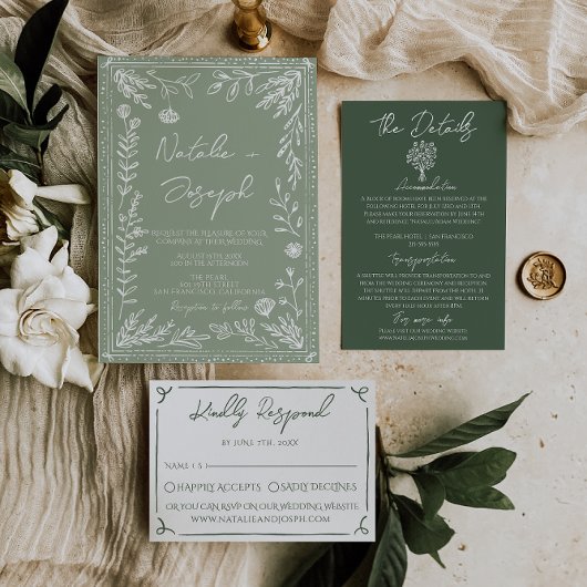 Boho Sage Green Floral Botanical Modern Wedding Einladung