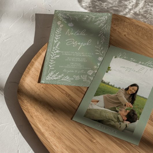Boho Sage Green Floral Botanical Photo Wedding Einladung