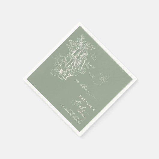Boho Sage Green Floral Butterflies Baby in Bloom Serviette (Ecke)