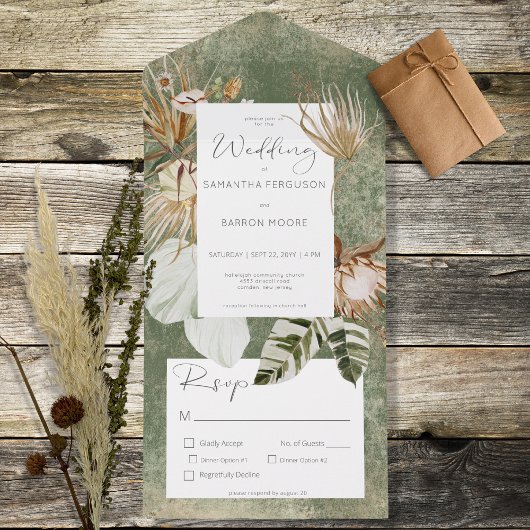 Boho Sage Green Floral Grass Dinner All In One Einladung