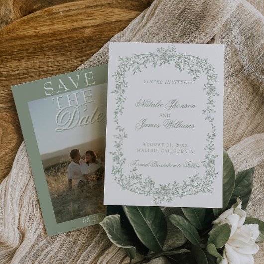 Boho Sage Green Floral Photo Wedding Save The  Date