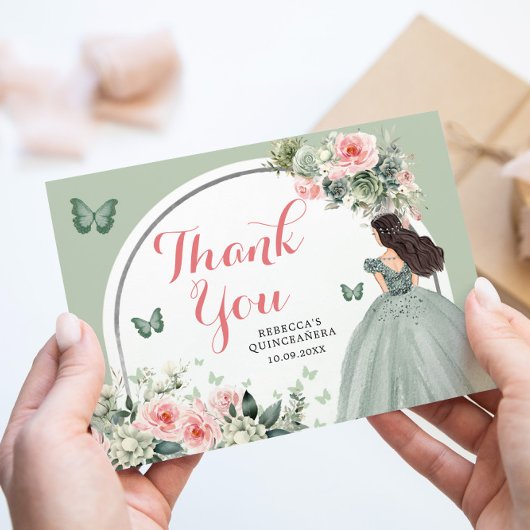 Boho Sage Green Floral Princess Quinceañera Dankeskarte